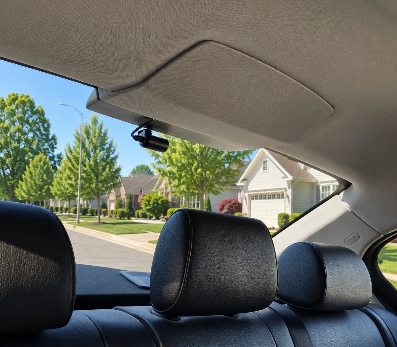 Rear-facing dash cam installed cleanly in the upper corner of the back windshield