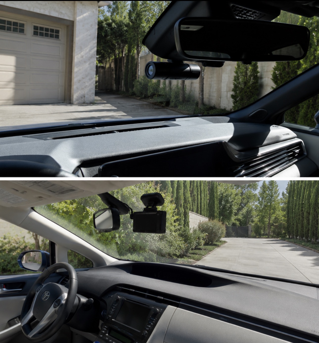 Before and after dash cam installations across a luxury SUV and a Toyota Prius