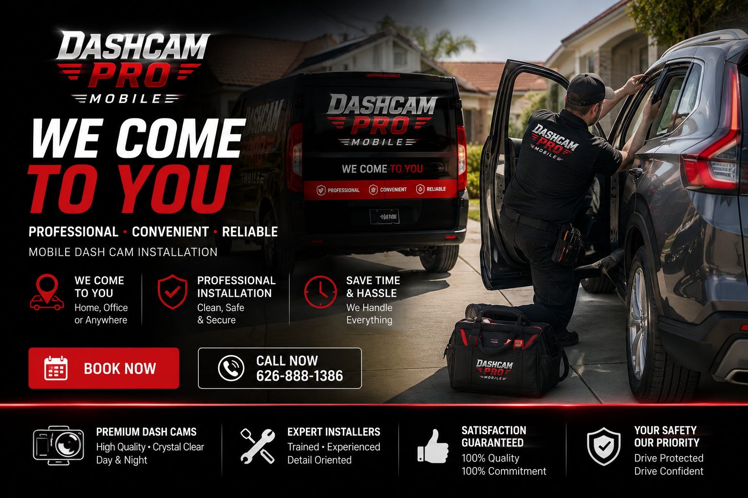 Technician installing a dash cam in a driveway